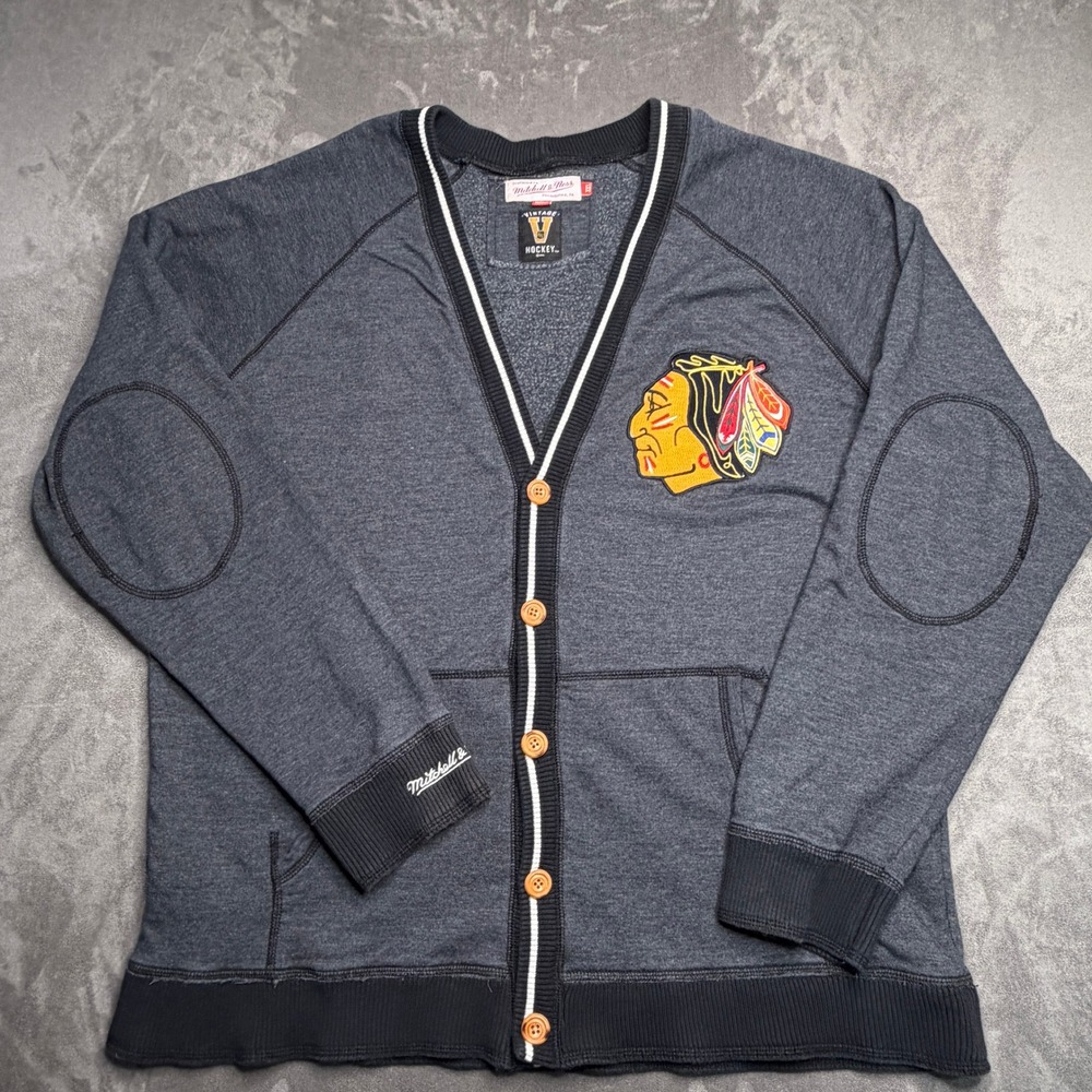 Mitchell & Ness Cardigan Mens 3XL Gray Chicago Blackhawks NHL Vintage Hockey‎